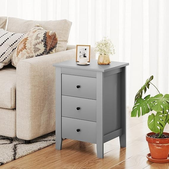 Grey Wooden Bedside Tables Set of 2 – 3 Drawer Modern Nightstands Bedroom