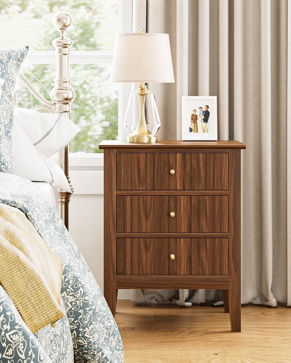 Modern Walnut Bedside Table with 3 Drawers Wooden Nightstand Bedroom Storage