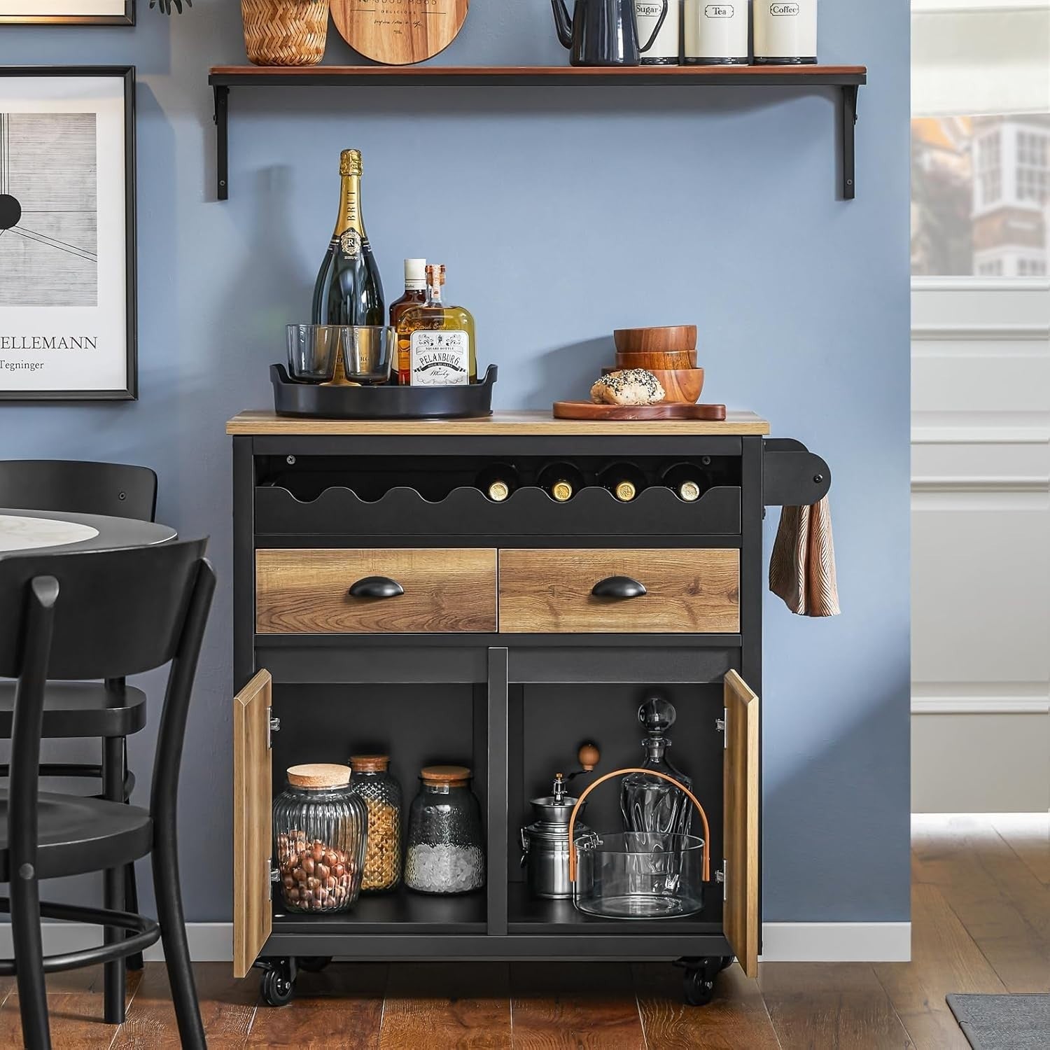 Vintage Brown Kitchen Trolley with Wine Rack, Drawers & Mobile Storage Cabinet