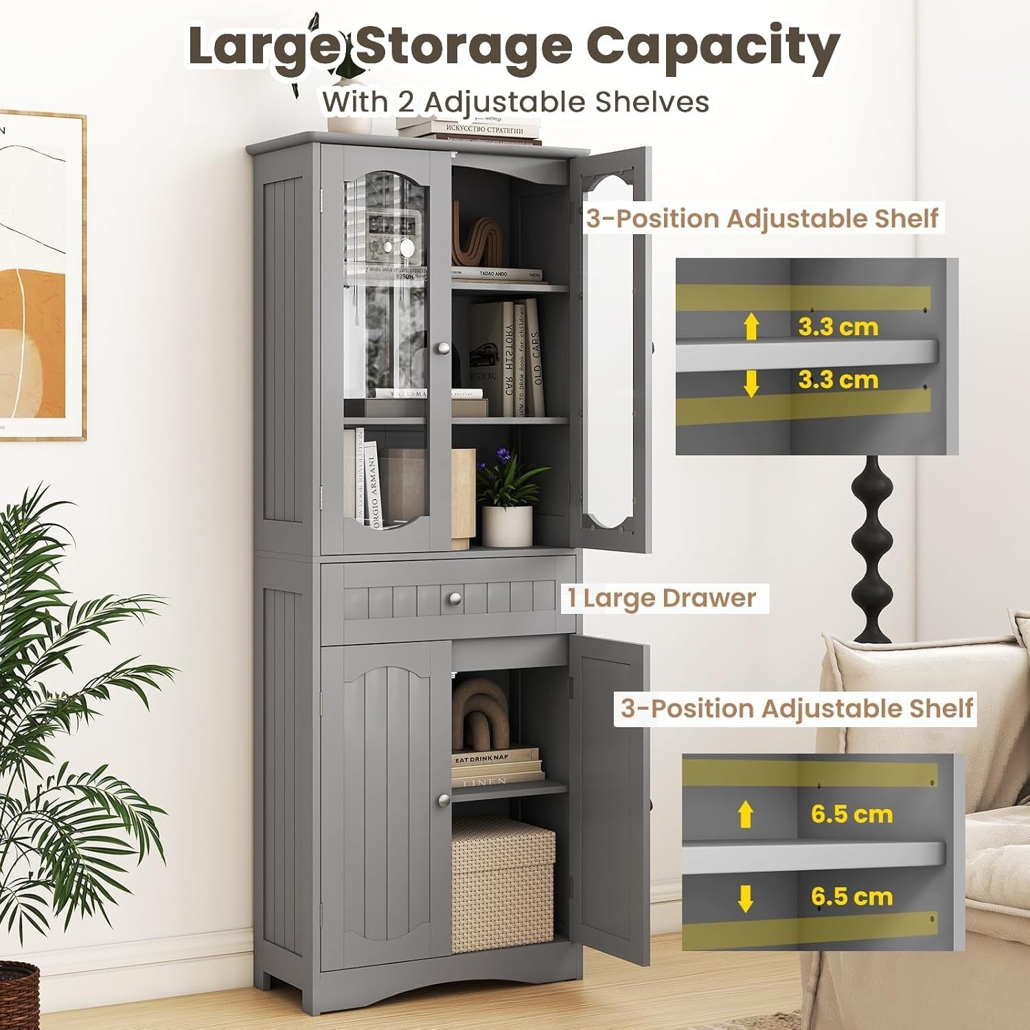 Tall Bathroom Cabinet Grey Freestanding Storage Cupboard 4-Door Drawer