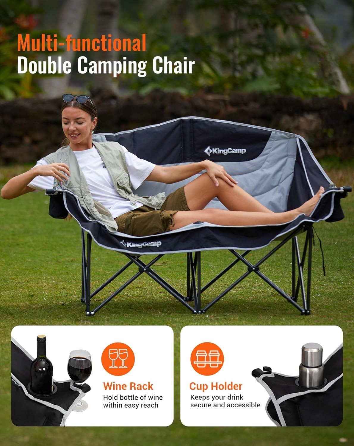 Folding 2-Seater Camping Chair Sofa 660lbs Padded w/ Cup Holders Outdoor