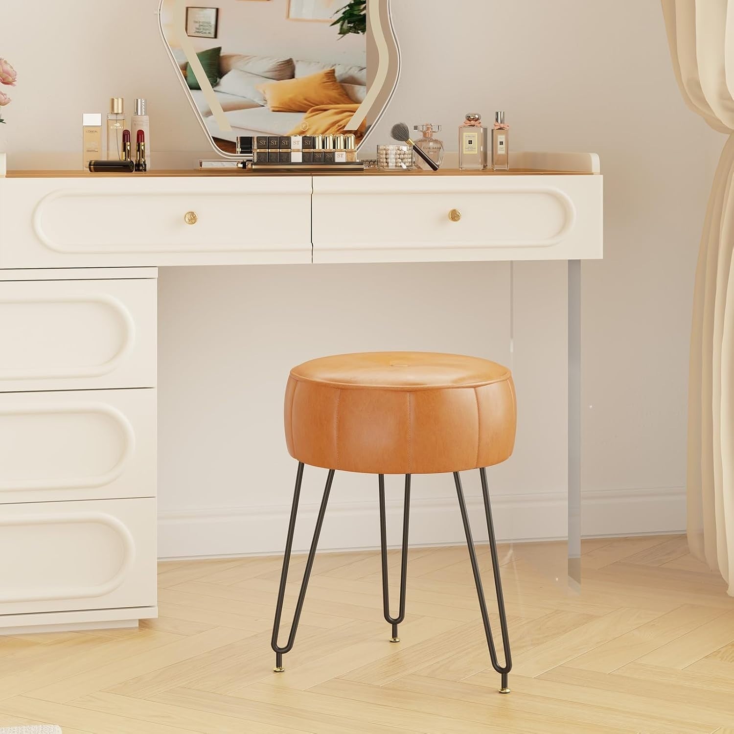 Orange Faux Leather Pumpkin Vanity Stool Round Modern Footrest Seat