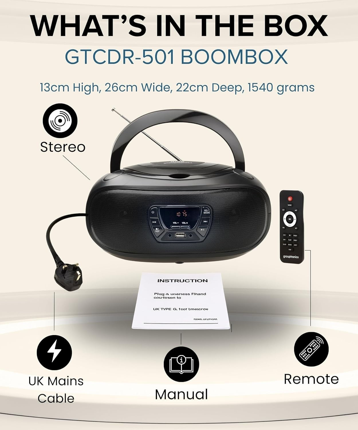 Portable Boombox CD Player FM Radio USB AUX Stereo Speakers Black