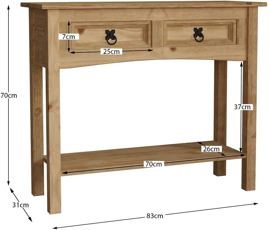 Rustic Pine Console Table with Drawers & Shelf, Solid Wood Hallway Unit