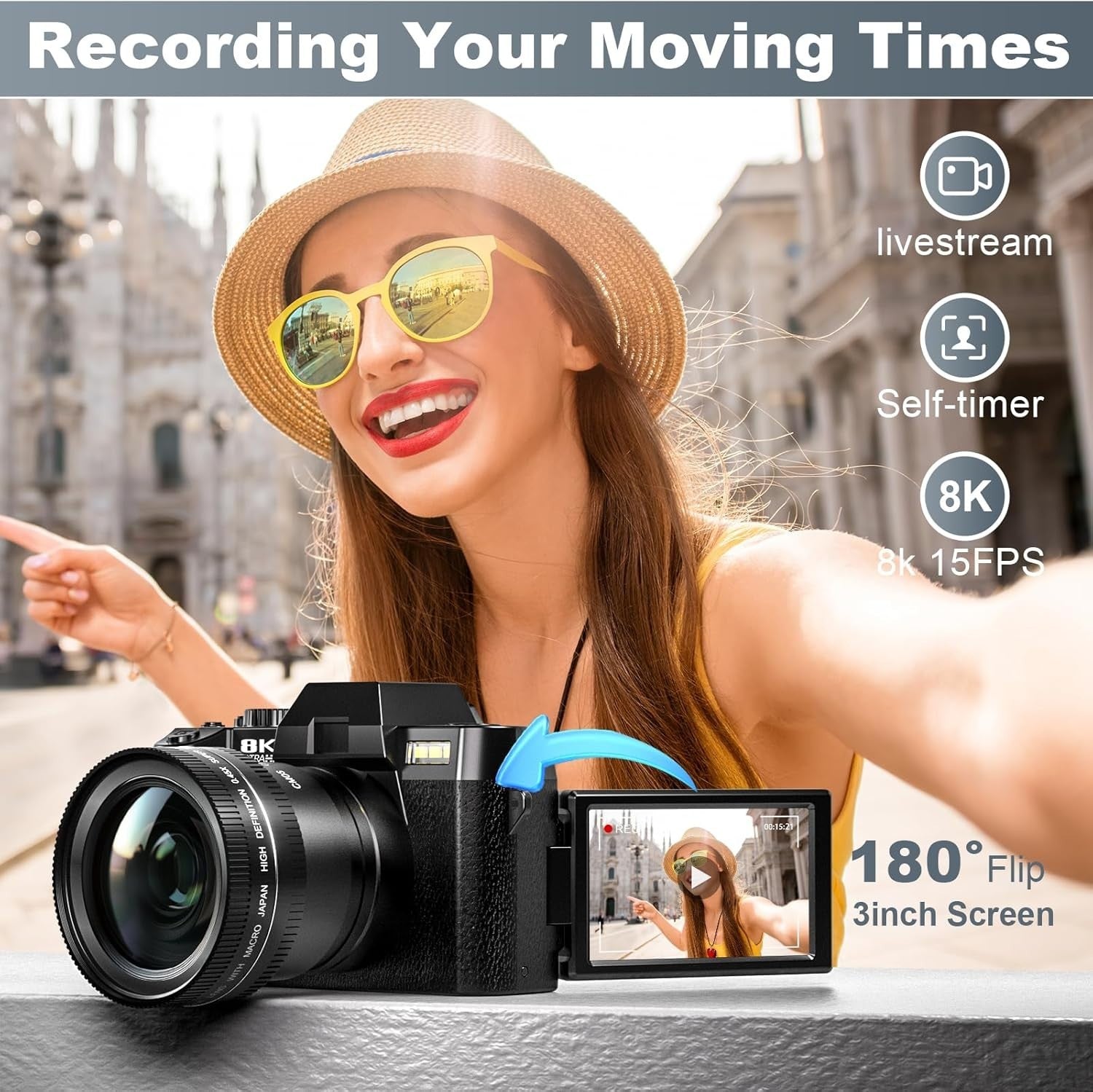 8K Digital Camera 64MP WiFi Vlogging Camera Flip Screen 16X Zoom