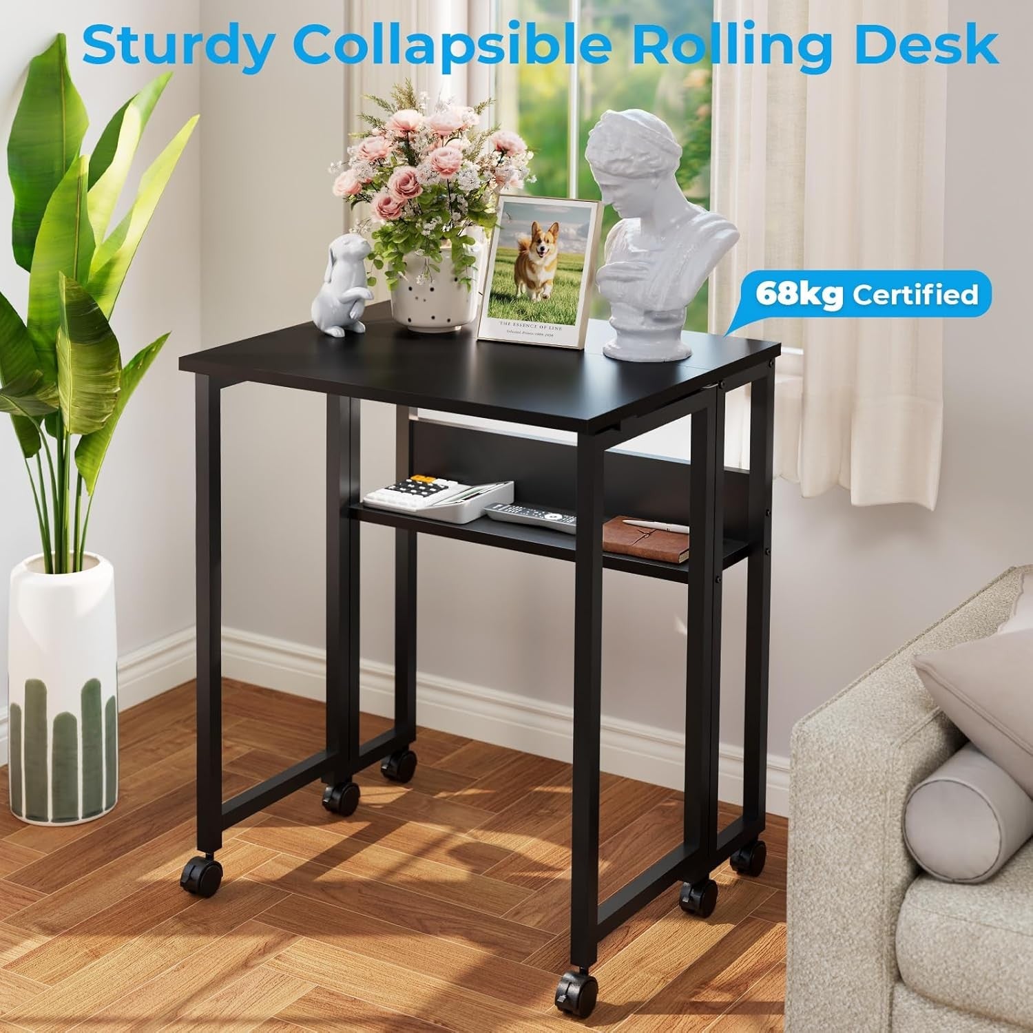 Folding Computer Desk 63cm with Storage Shelf Rolling Home Office Table
