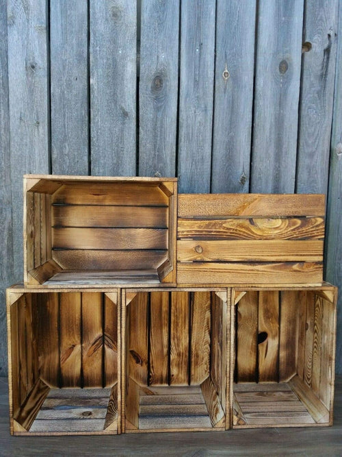 Brown Burnt Effect Wooden Crates 29x24x39cm – Handmade Set of 5