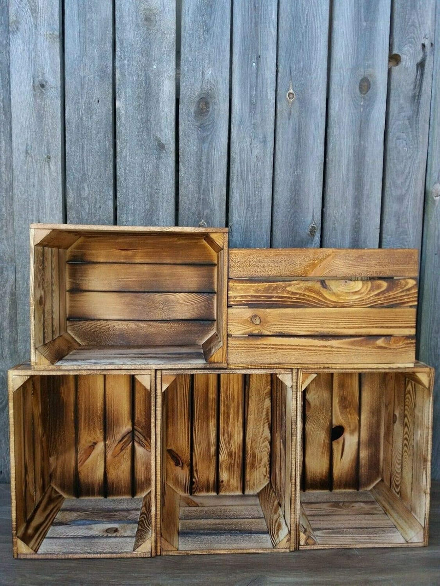 Brown Burnt Effect Wooden Crates 29x24x39cm – Handmade Set of 5