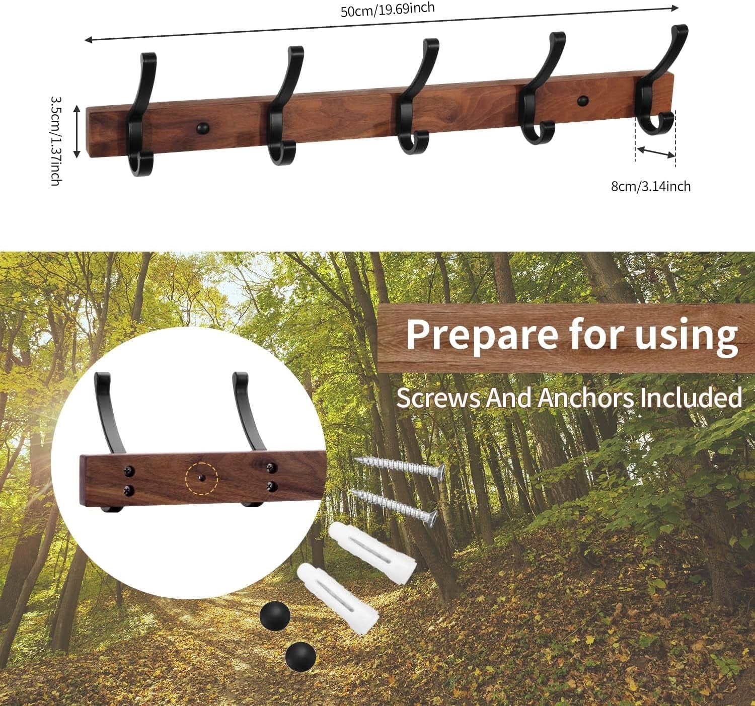 Walnut Wall Coat Rack 5 Black Hooks | Modern Wooden Hanger Rail for Hallway