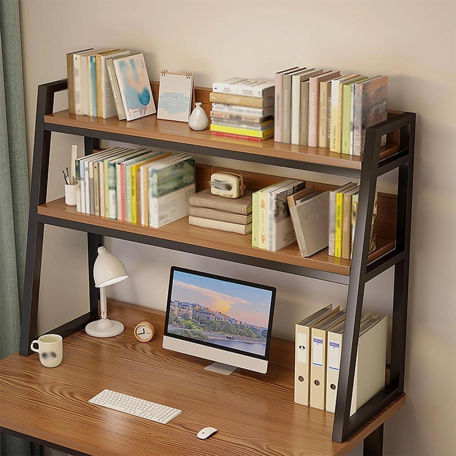 2-Tier Desktop Bookshelf Hutch Space-Saving Desk Organizer Shelf White