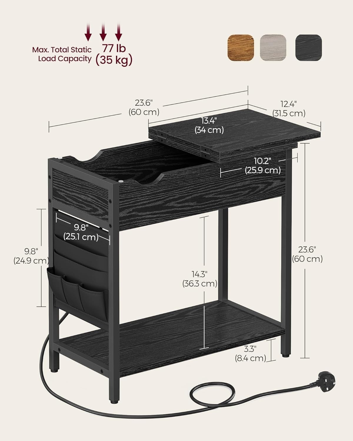 Slim Side Table with USB Charging Ports, Storage & Power Strip, Black