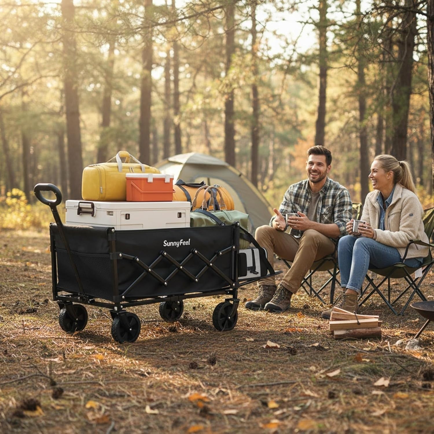 Compact Lightweight Utility Wagon with Rear Door Foldable Outdoor Cart Black