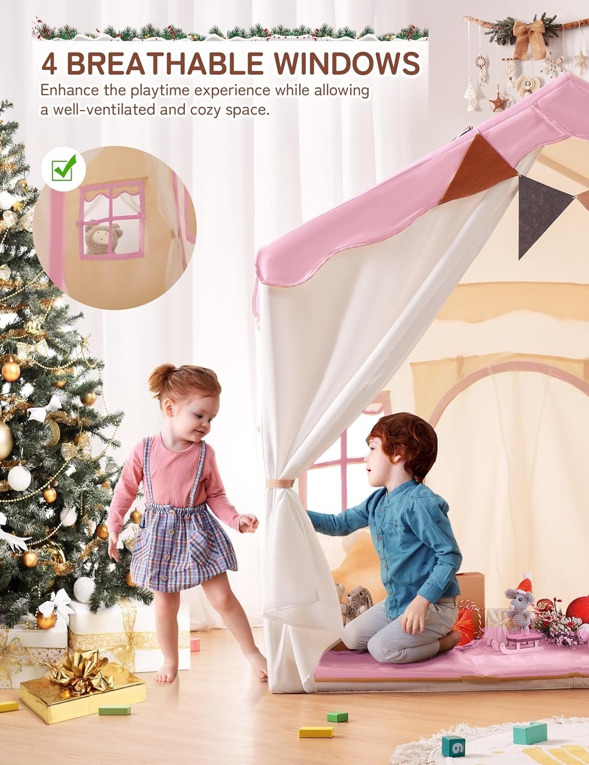 Pink Kids Bed Canopy Play Tent with Lights Padded Indoor Castle