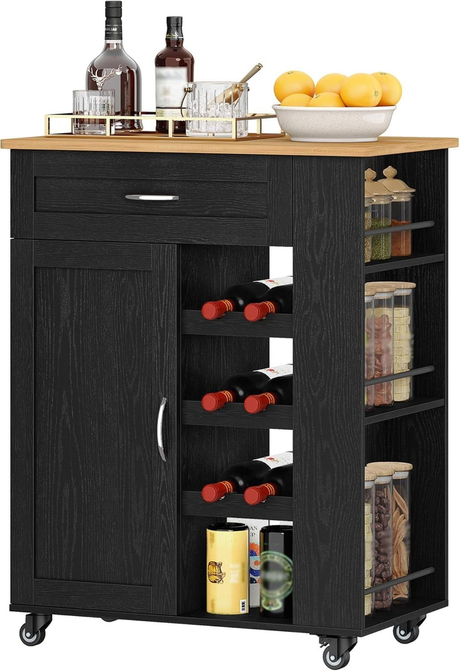 Black Rolling Kitchen Island Cart Wine Rack Drawers Shelves