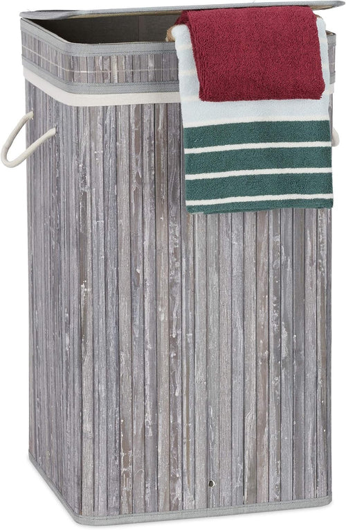 70L Bamboo Laundry Hamper Square Pop-Up Basket with Lid & Handles Foldable