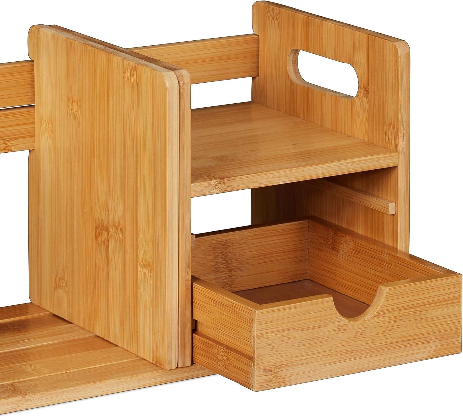 Bamboo Desk Organizer with 2 Drawers & Pull-Out Bookshelf – Tabletop Storage