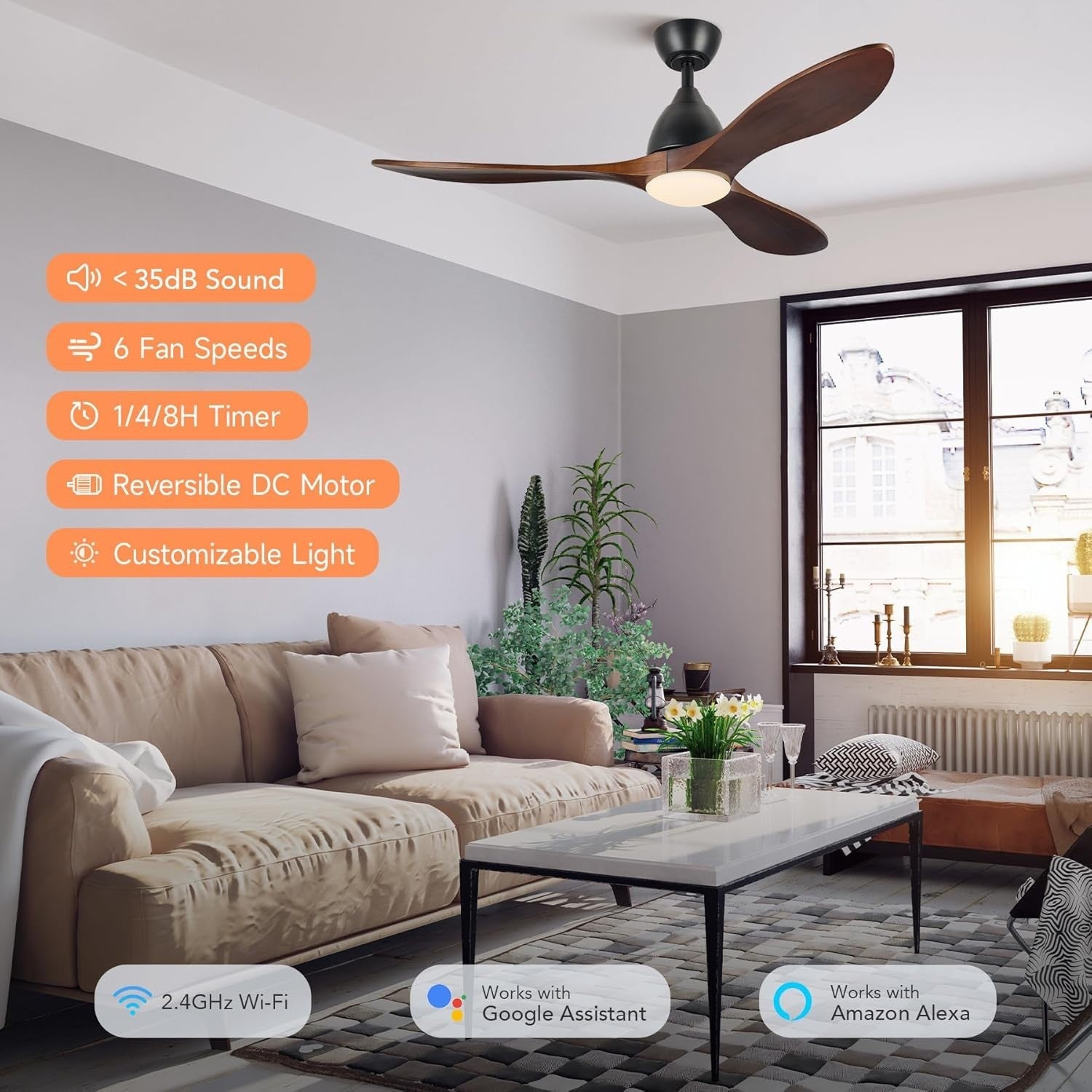 52" Smart Wood Ceiling Fan with Light, 6-Speed, Remote, Walnut