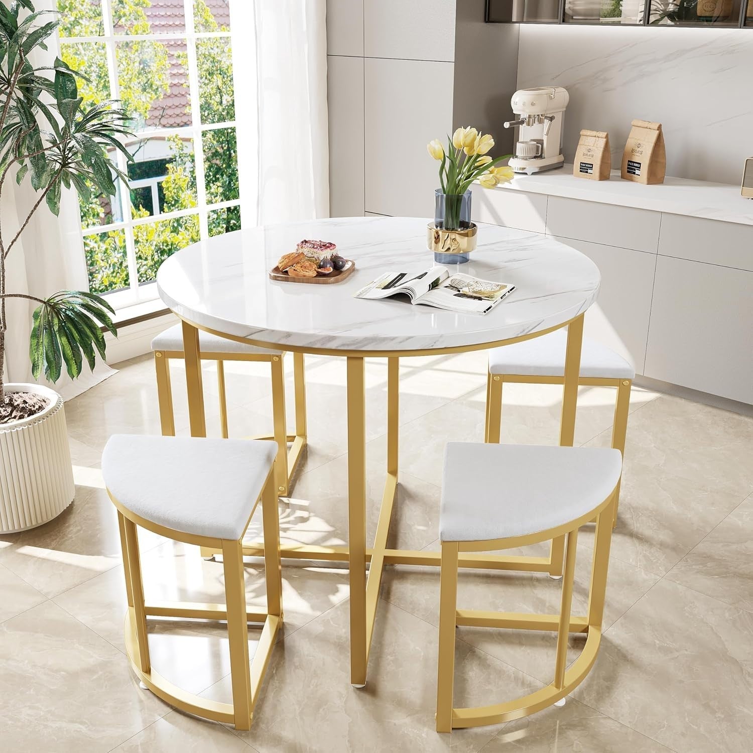 Luxury Gold Dining Table Set 4 Velvet Chairs Round White Modern Compact