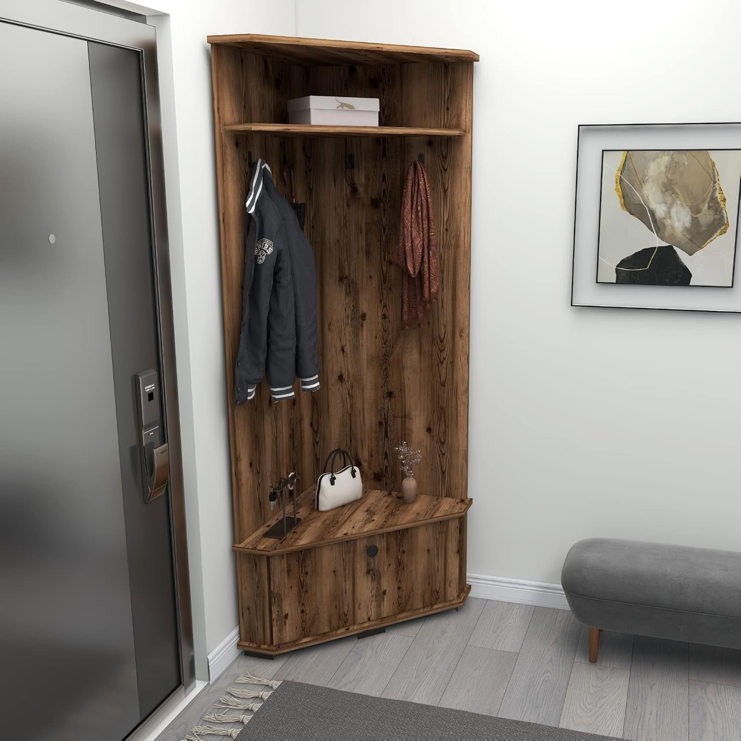 Corner Hall Tree with Coat Hooks, Shoe Bench & Storage Cabinet, Space-Saving