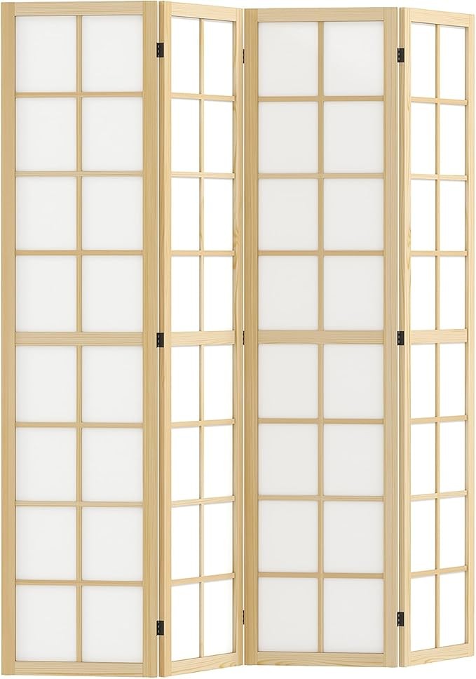 Natural Wood 4 Panel Folding Room Divider – Freestanding Japanese Privacy Screen