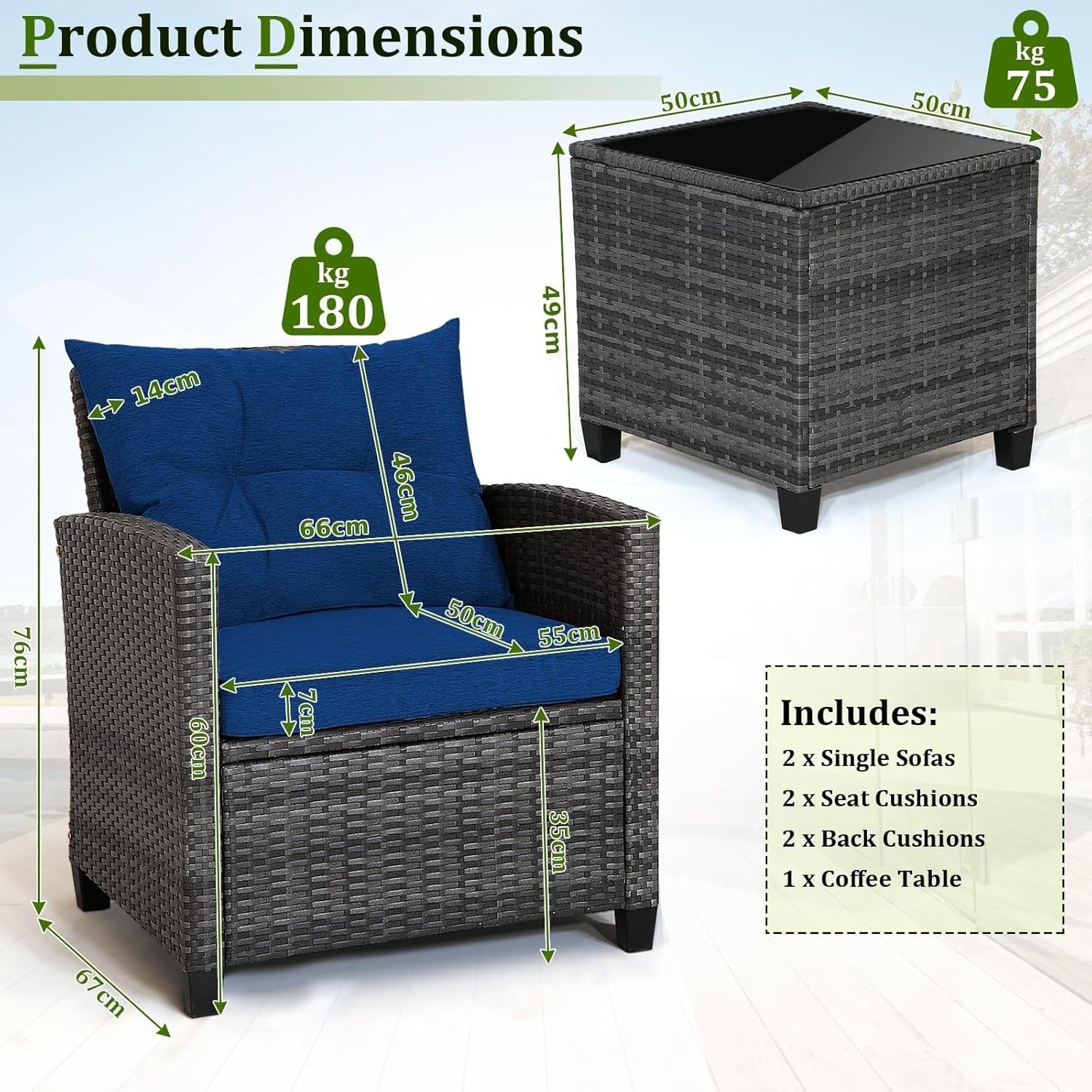 3PC Rattan Garden Bistro Set Chairs Table Cushions Patio Balcony Navy Set