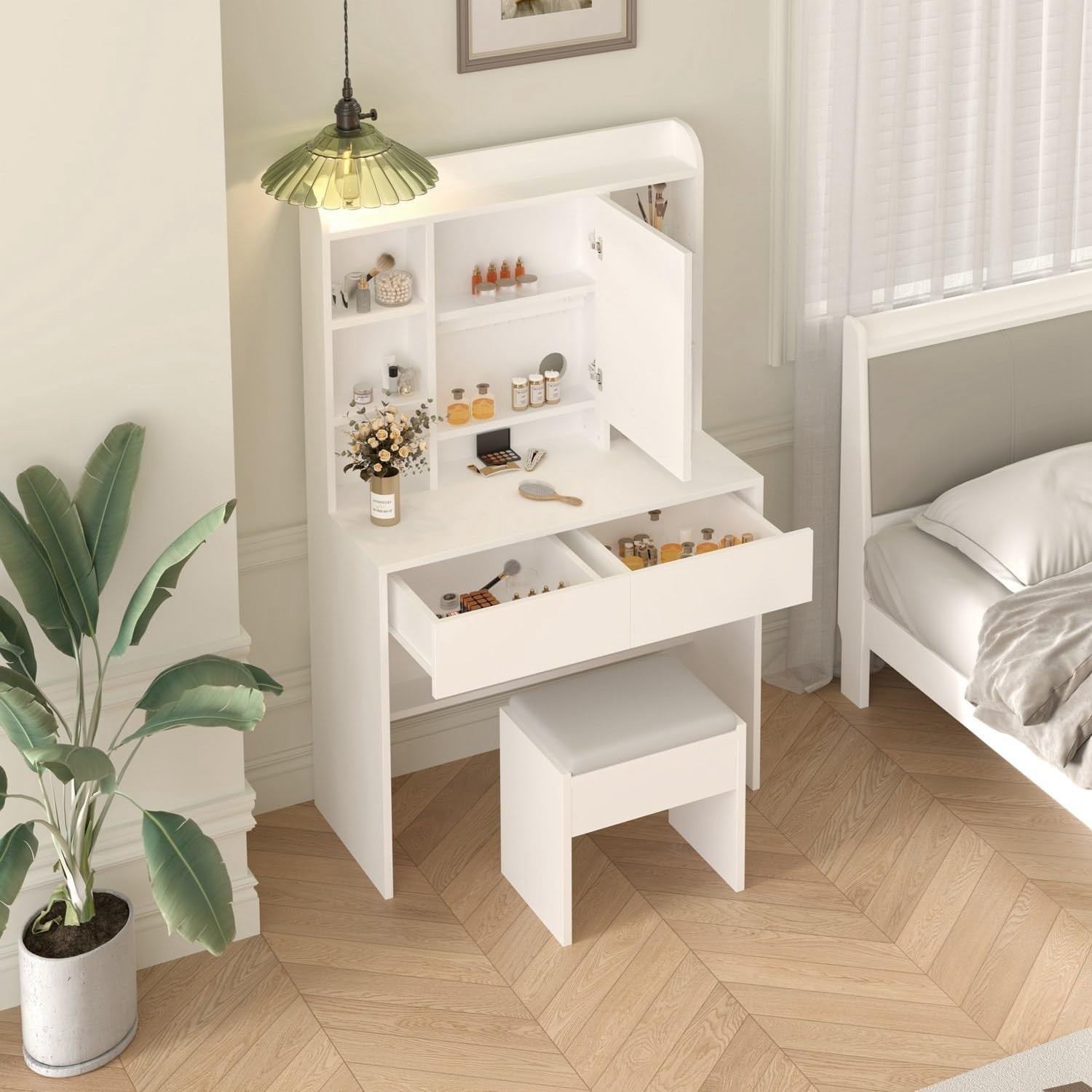 Modern White Dressing Table Vanity Set LED Mirror Adjustable Shelves Wood