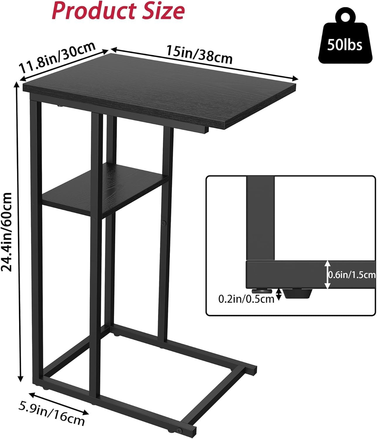 C-Shaped Narrow Side Table with Storage, Slide-Under Sofa Couch Bed