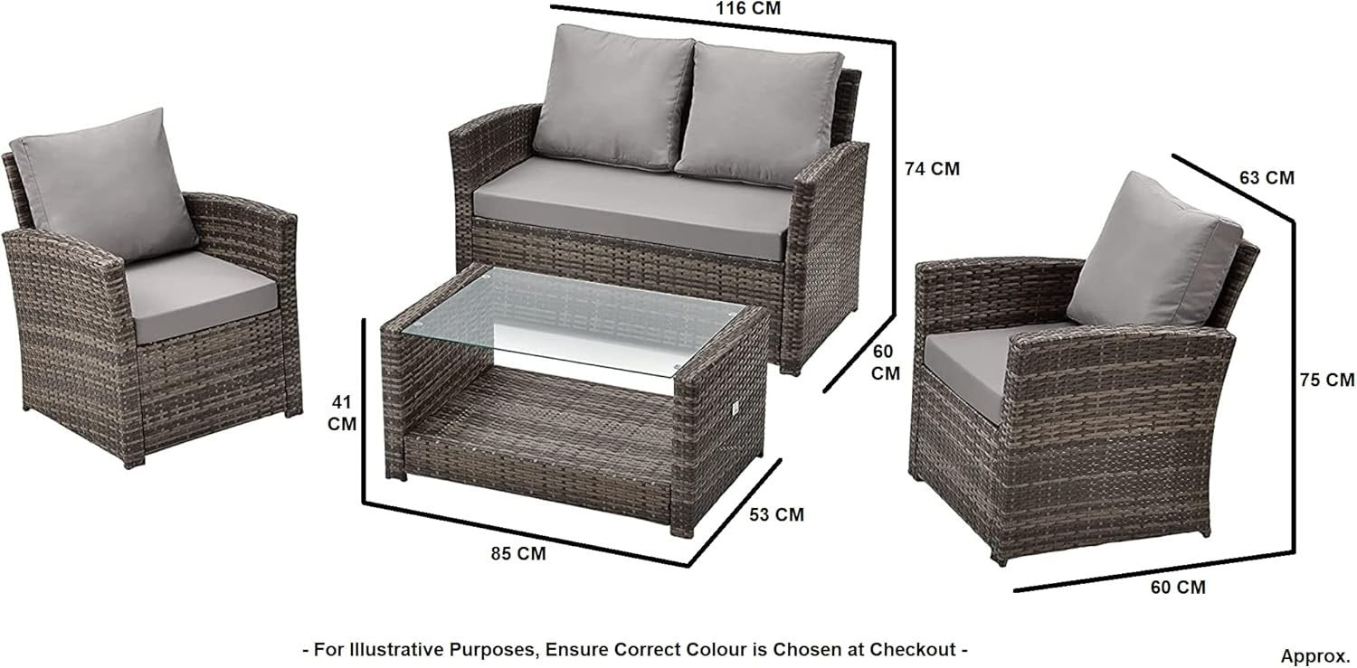 4 Seater Rattan Garden Furniture Set with Cushions & Glass Coffee Table