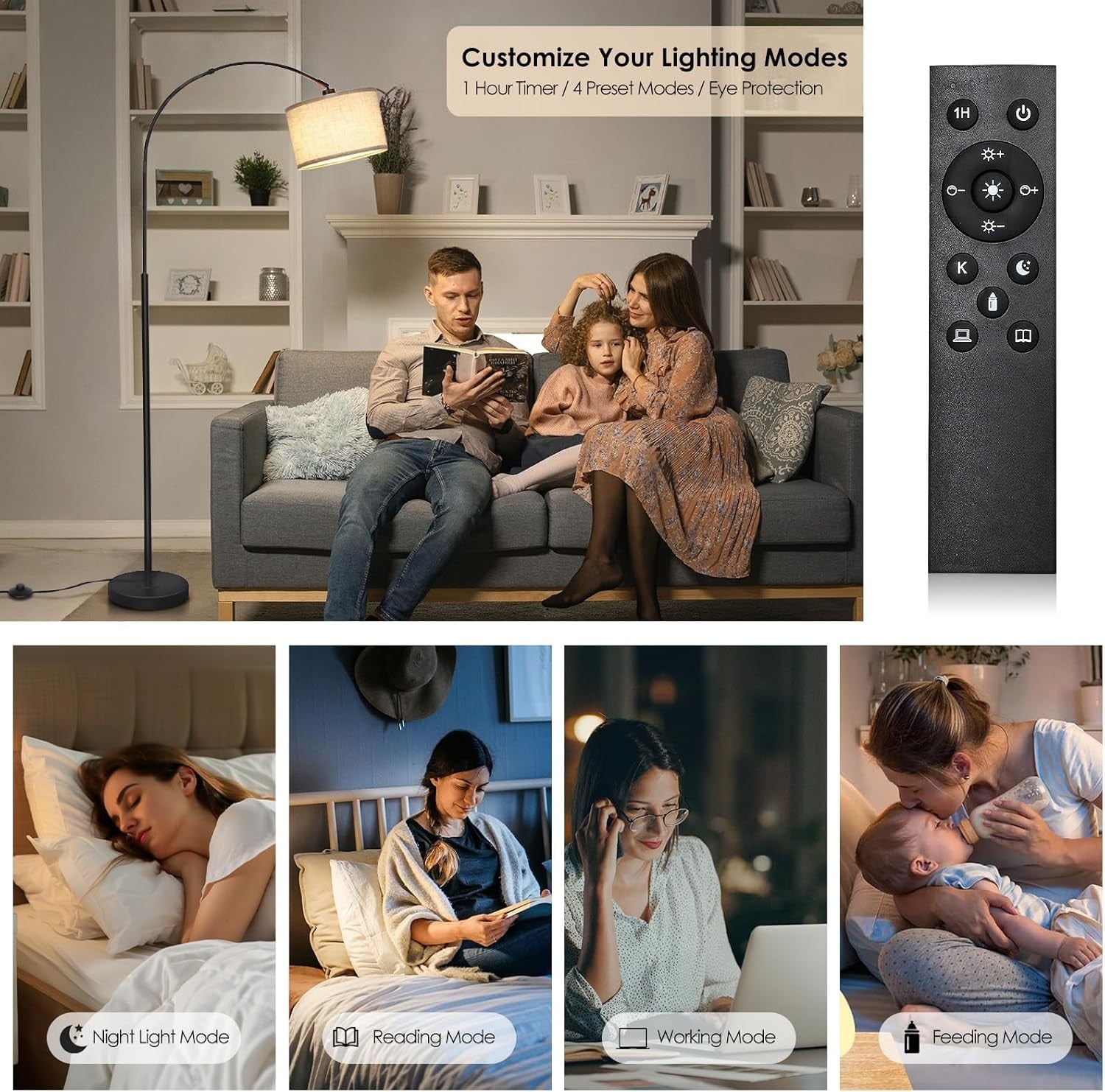 Arc Floor Lamp Black Remote Dimmable LED Tall Living Room Bedroom Light