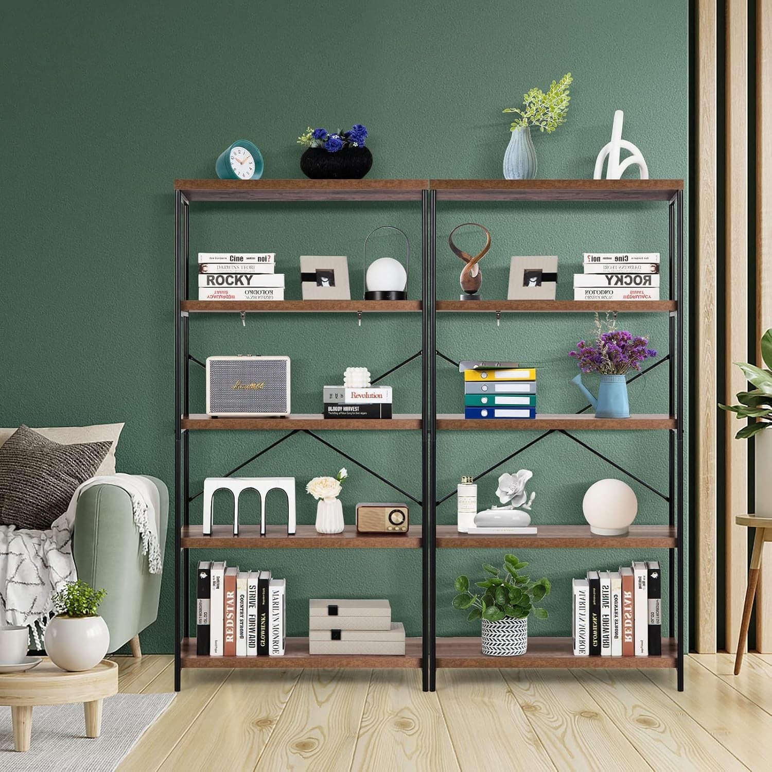 5-Tier Industrial Bookshelf Heavy-Duty Metal Frame Rustic Storage Display Rack