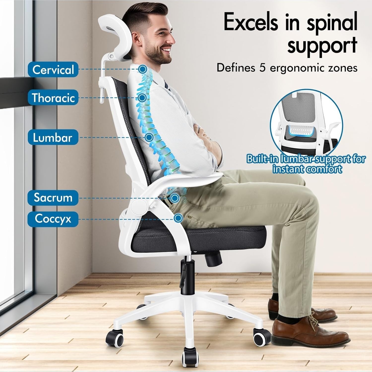Ergonomic Mesh Office Chair, Adjustable Headrest, Lumbar Support, Flip-Up Arms,