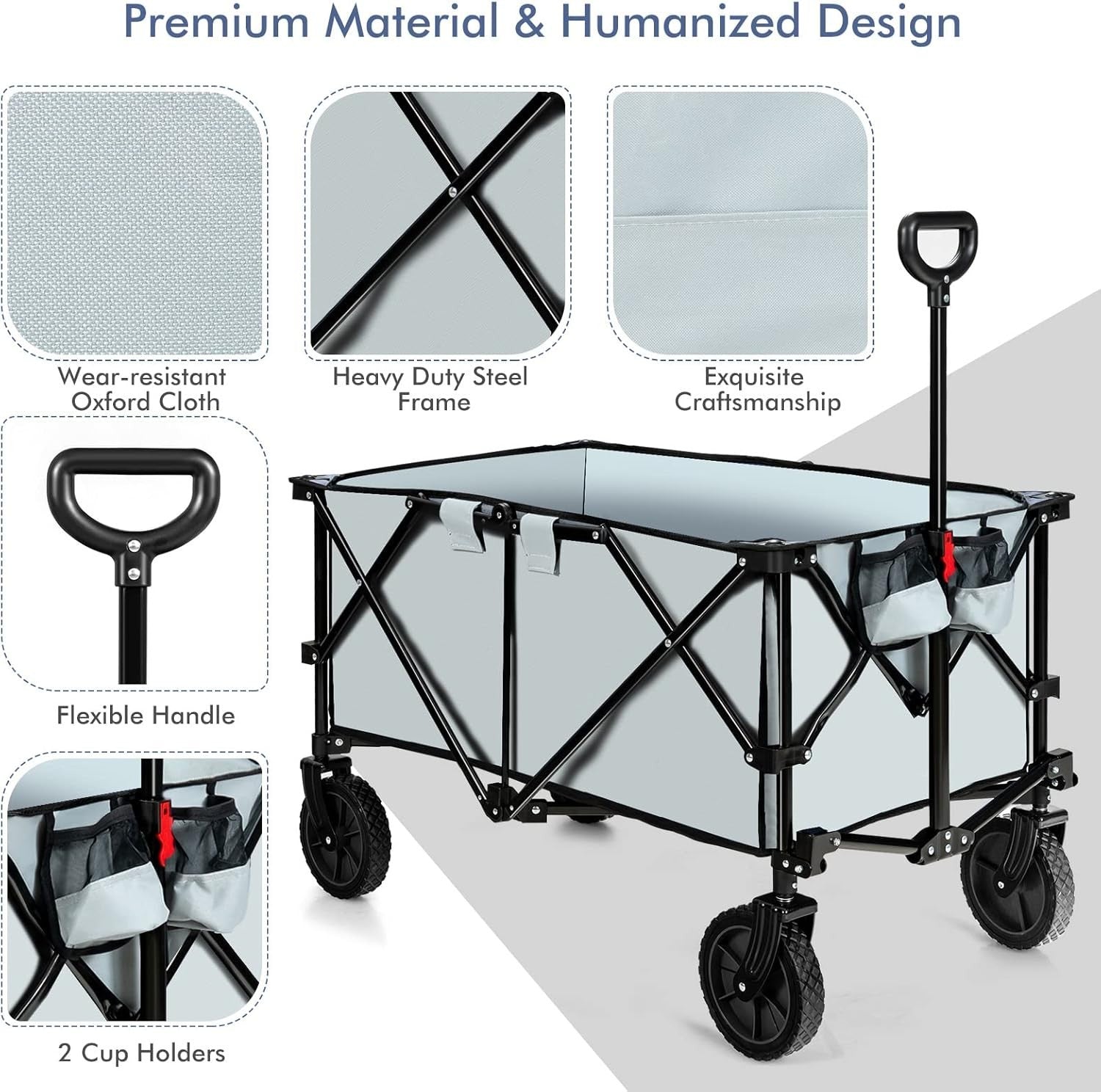 Folding Camping Wagon Utility Cart Beach Garden Trolley w Cup Holders