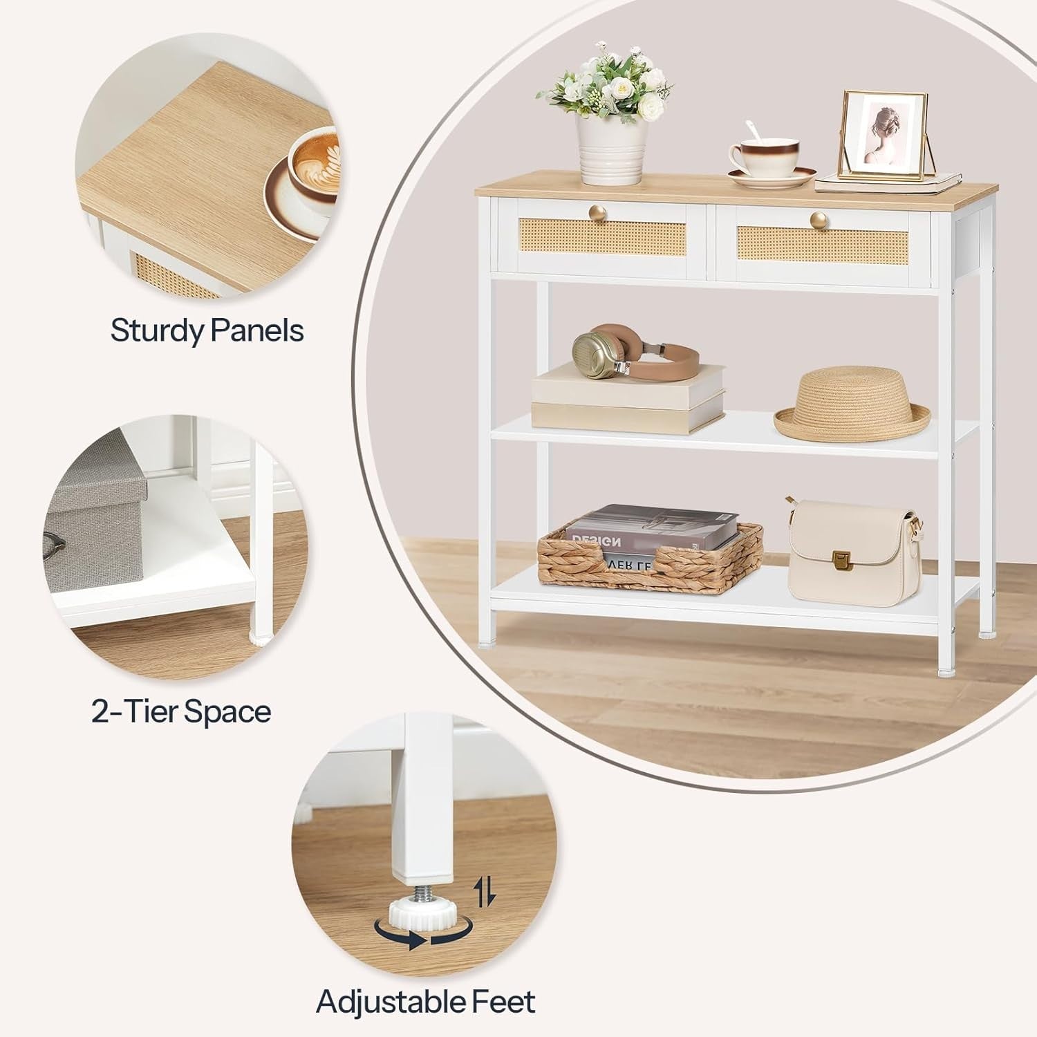White Rattan Console Table with Drawers & Shelves, Slim 80cm Hallway Unit