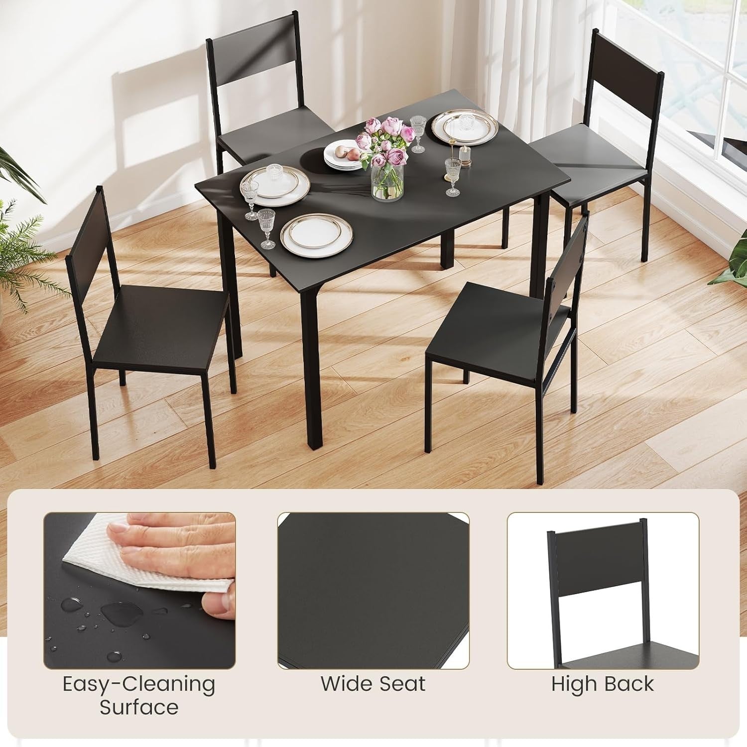 4 Seater Dining Table Set Space Saving Metal Frame Kitchen Room Black