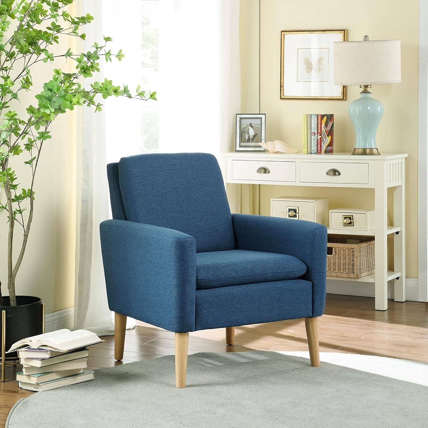 Blue Lounge Armchair Upholstered with Wood Legs for Living Room Bedroom