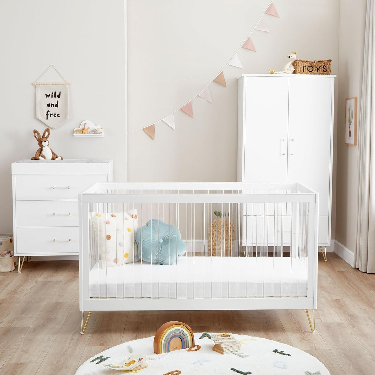 3pc Acrylic Nursery Furniture Room Set Cot Bed Chest Drawers Adjustable Modern
