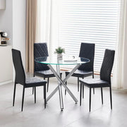 Round Glass Dining Table Set with 4 Black Leather Chairs – Modern & Durable