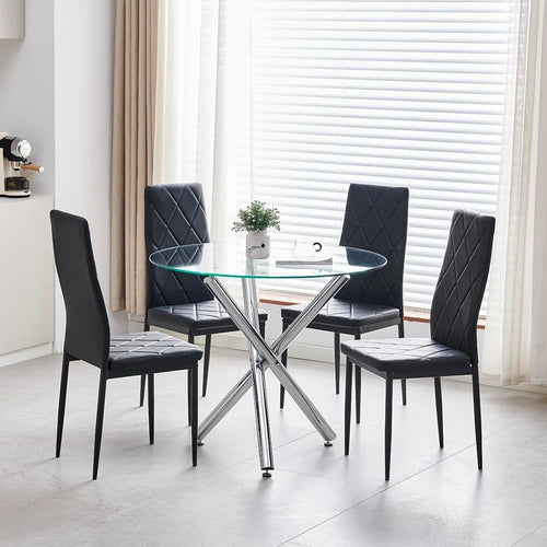 Round Glass Dining Table Set with 4 Black Leather Chairs – Modern & Durable