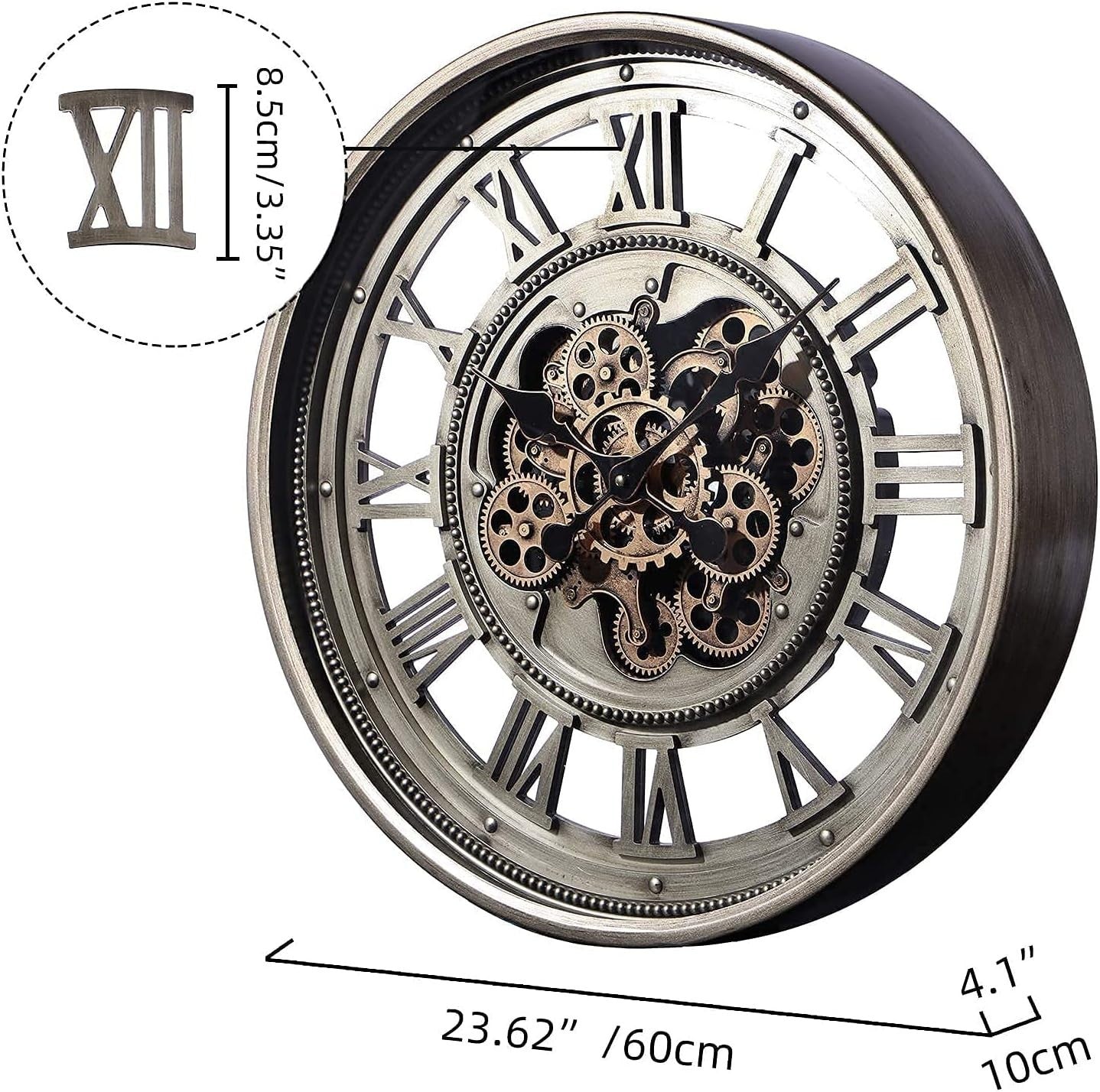 60cm Bronze Wall Clock Industrial Moving Gears Roman Numerals Vintage