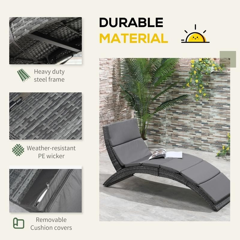 Grey PE Rattan Folding Sun Lounger Recliner Chair Cushioned Garden