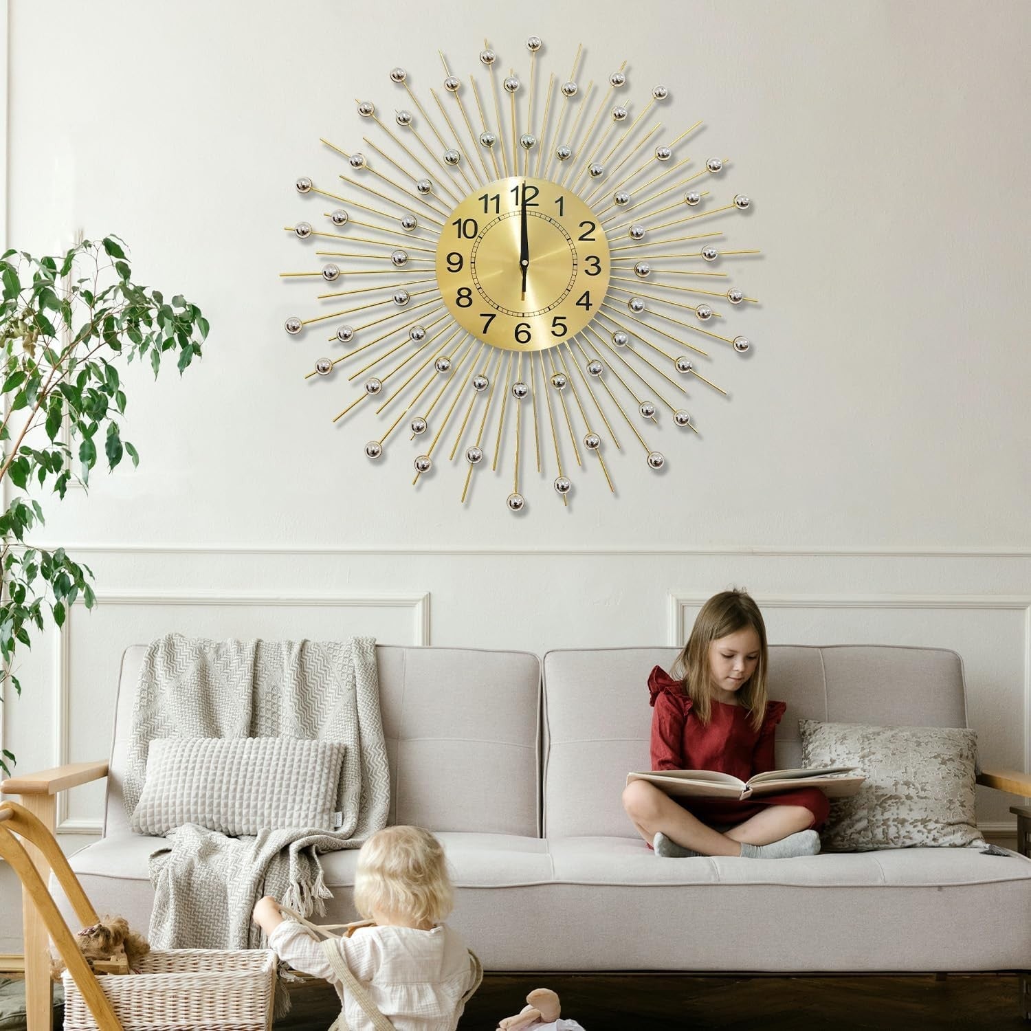 60cm Gold Sunburst Wall Clock – Silent Quartz Modern Decorative Metal Design