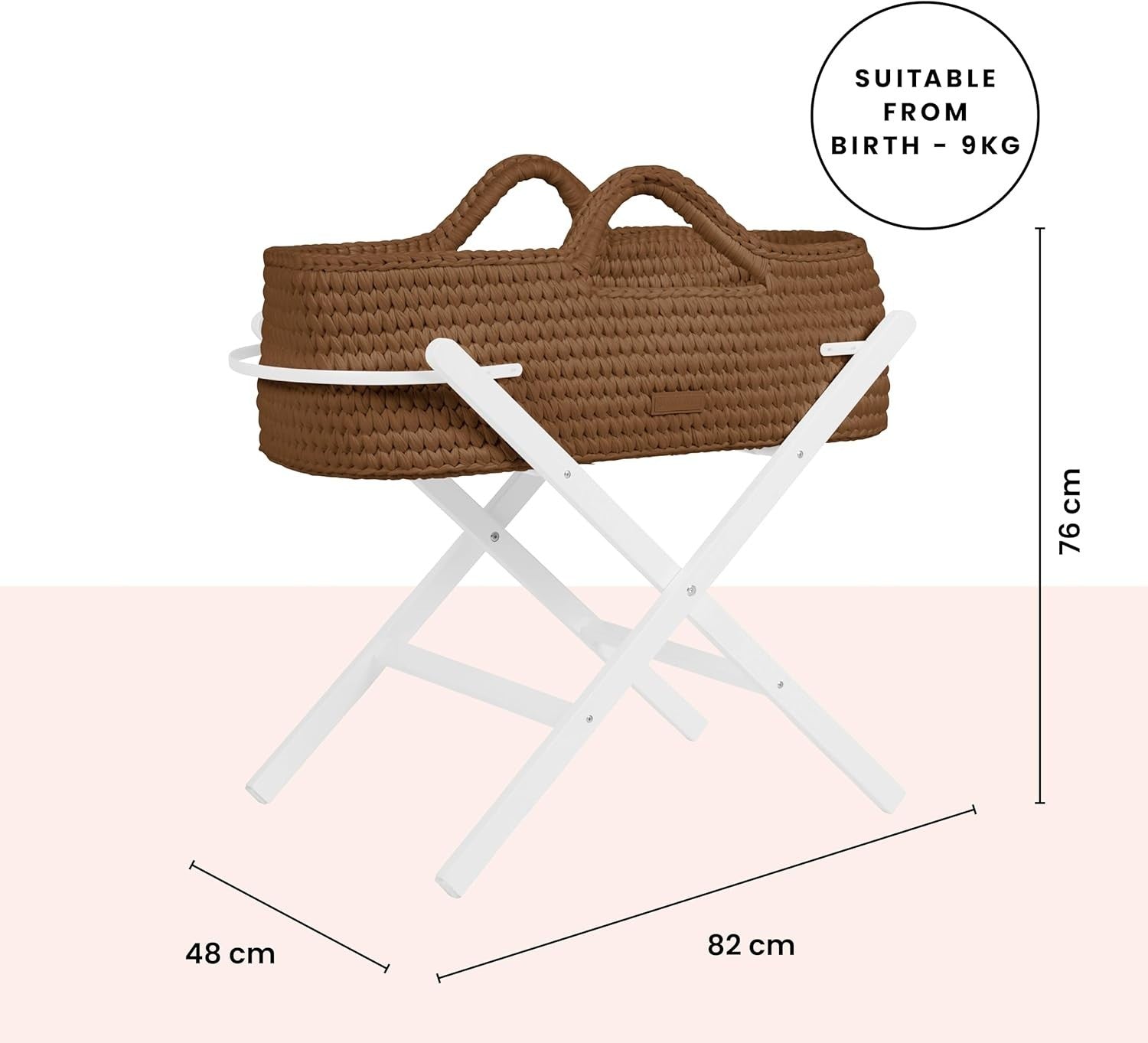 Crochet Moses Basket with Foldable Stand & Mattress Lightweight Mocha White