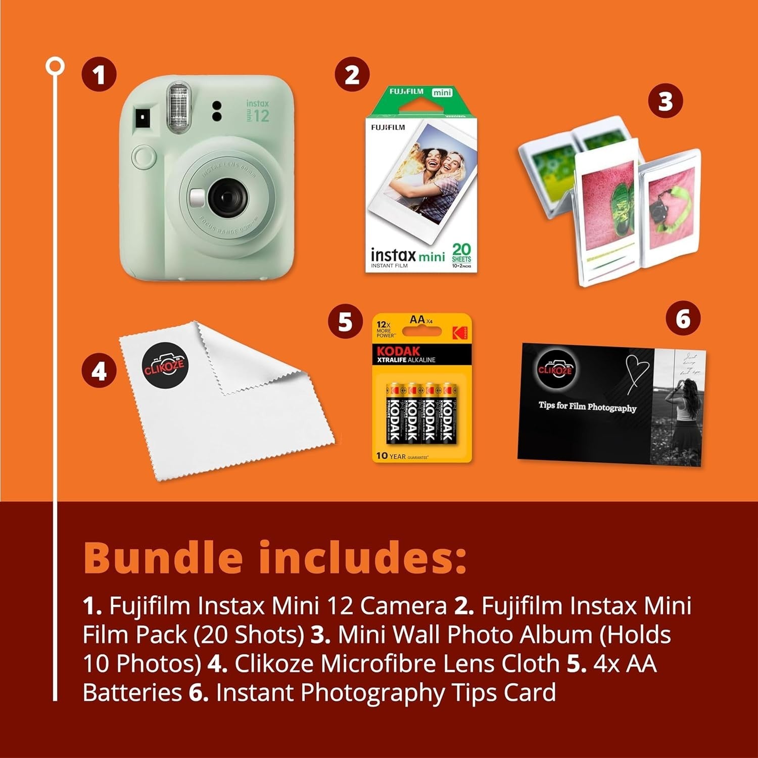 Instant Camera Bundle Green 20 Film Shots Wall Album Selfie Lens