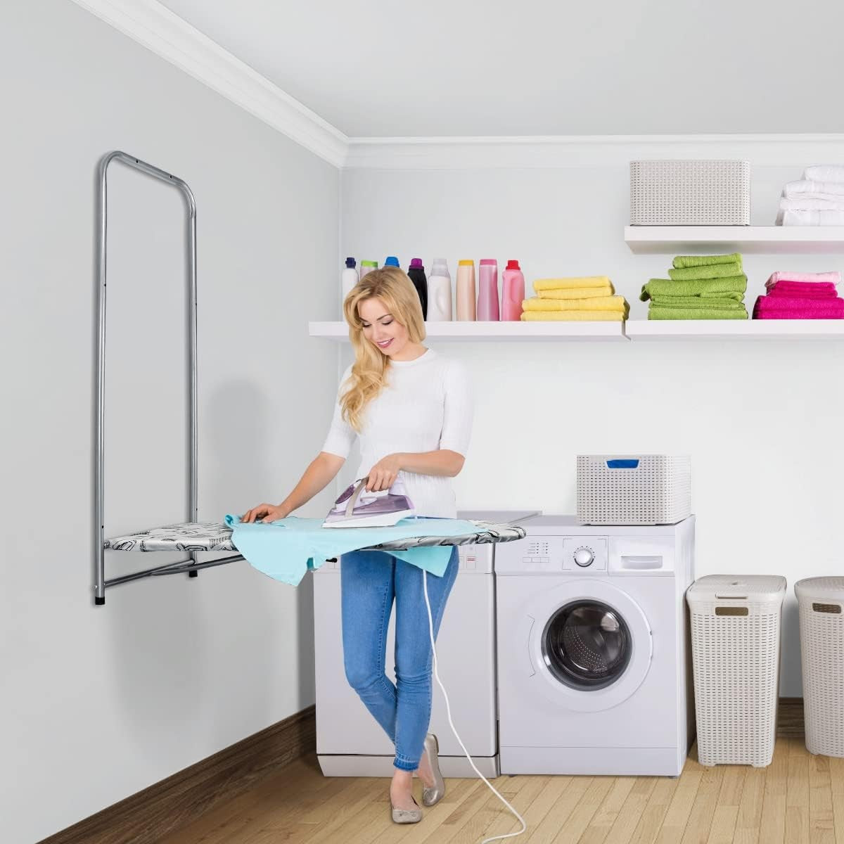Wall Mounted Fold Down Ironing Board 98x37cm Space Saving White Grey