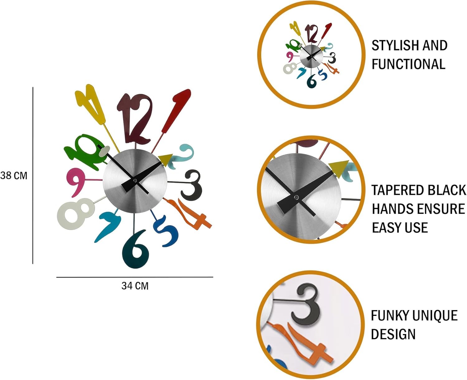 Modern Funky Numbers Wall Clock Multicolour Metal Silent Round Clock 38cm Home