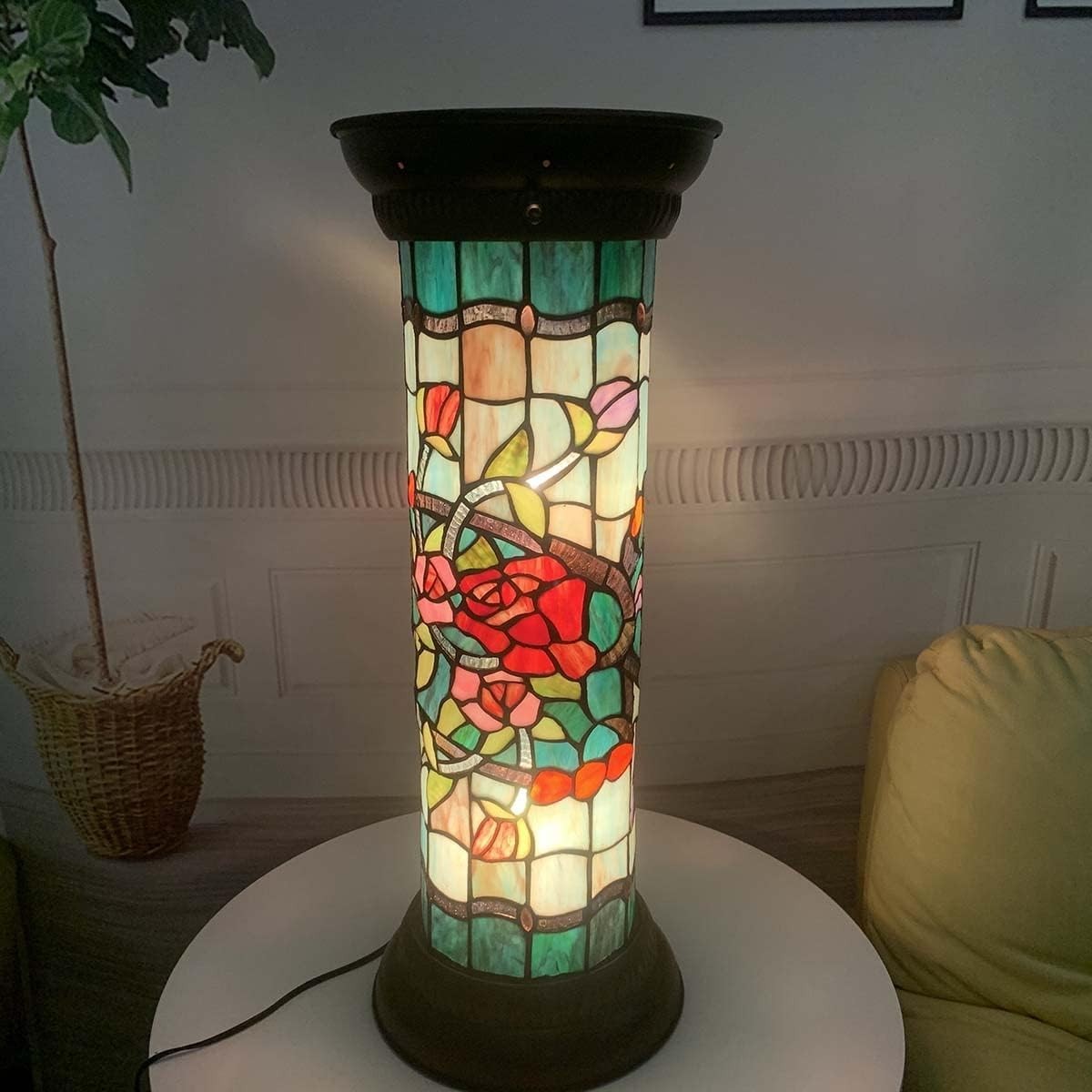 Rose Stained Glass Floor Lamp, 28" Antique Tiffany Style Pedestal Light
