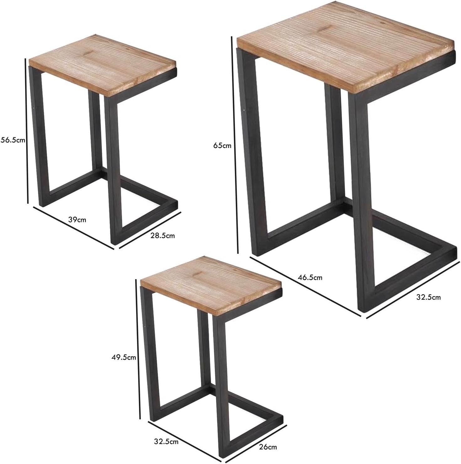 3pc Rustic Industrial Nesting End Side Tables Stackable Wood Tops Metal Frames