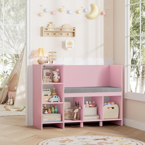 Kids Bookcase with Seat Cushion 6 Cube Toy Storage Shelf Bench Pink 110cm
