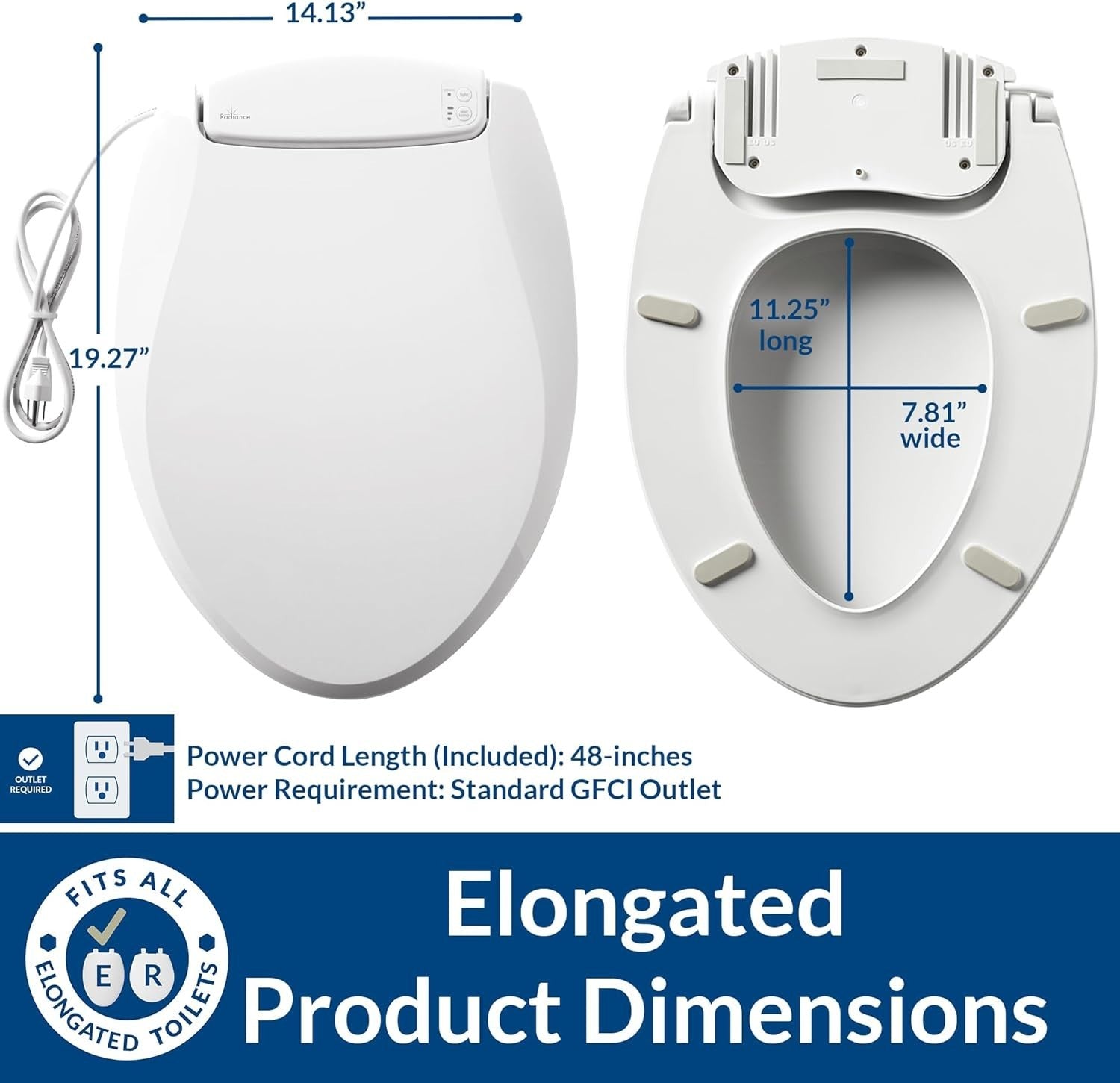 Radiance Elongated Toilet Seat White Soft Close LED Night Light