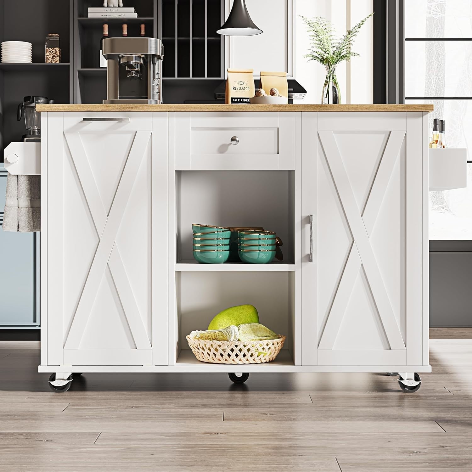 White Kitchen Island Fold Out Table Storage Cabinet 160cm
